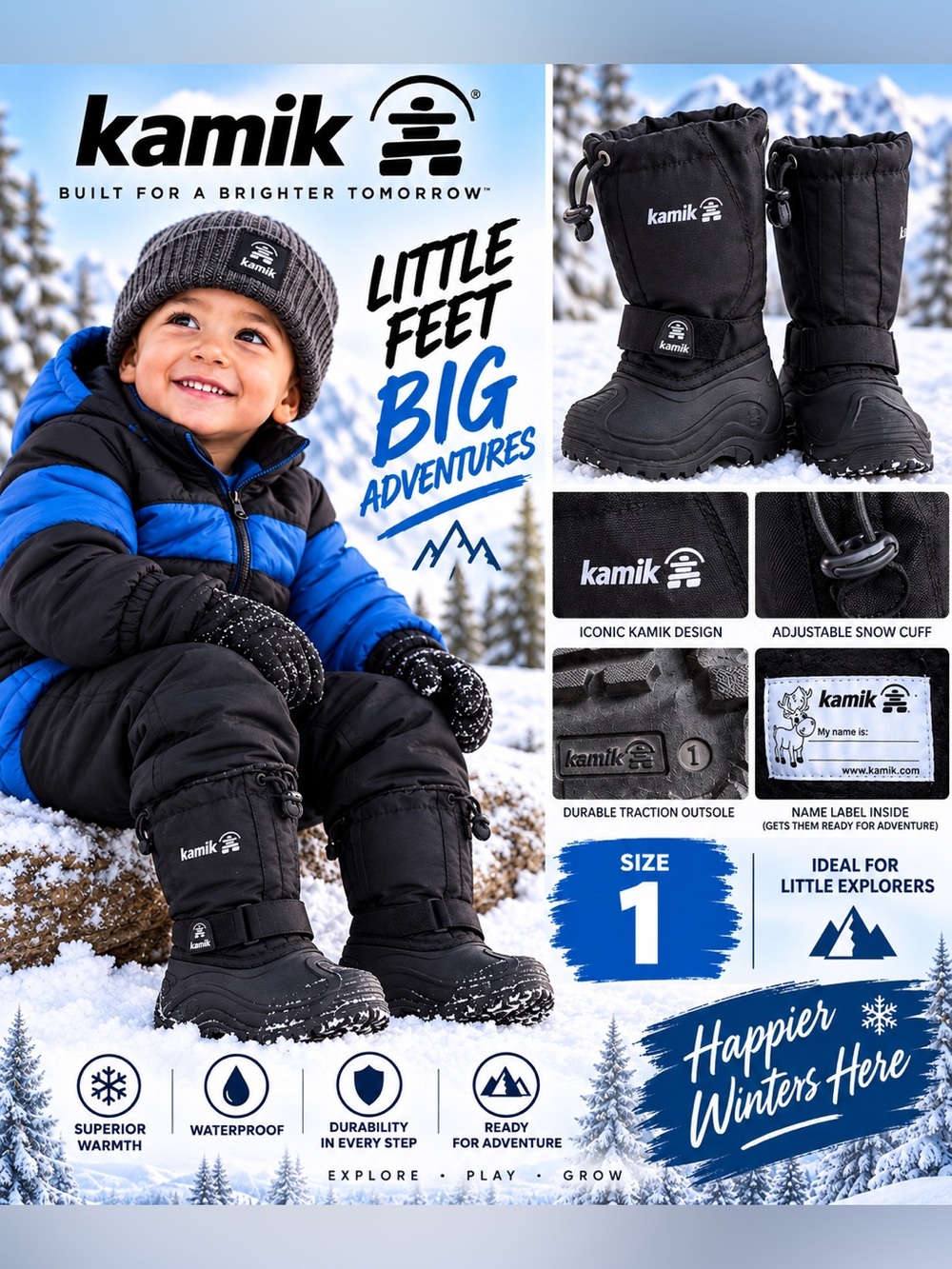 Kamik Snowcoast 3 Kids Black Snow Boots Size 1 Waterproof Lined Hook & Loop